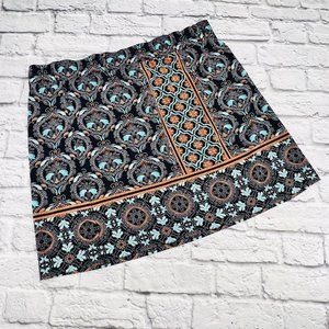 Loft Mini Skirt Women's Size XL Black Multicolor Print Elastic Waist Stretch